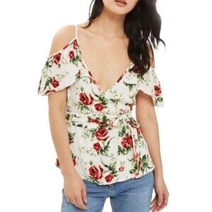 TOPSHOP White Red Rose Floral Flutter Sleeve Wrap Top Women’s Size 4 Small